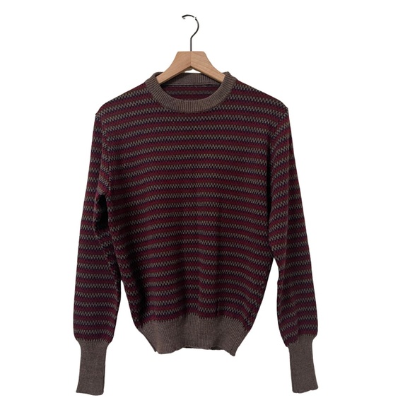 Pure New Wool Made in England Navy Burgundy Brown Geometric Stripe Sweater